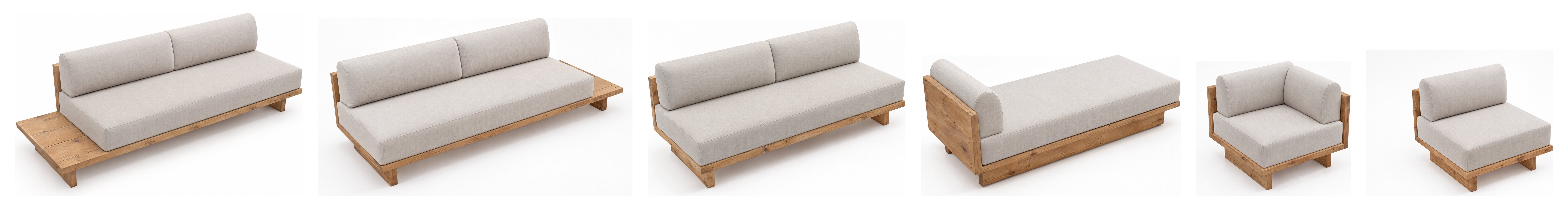 The Islander pieces side by side at the same scale: sofa with table in both hands, 2-seater, chaise, corner, single